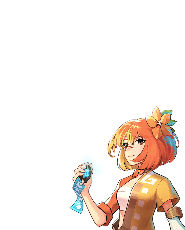 A girl with orange hair, holding a Tomo seal in the foreground of the hero header.
