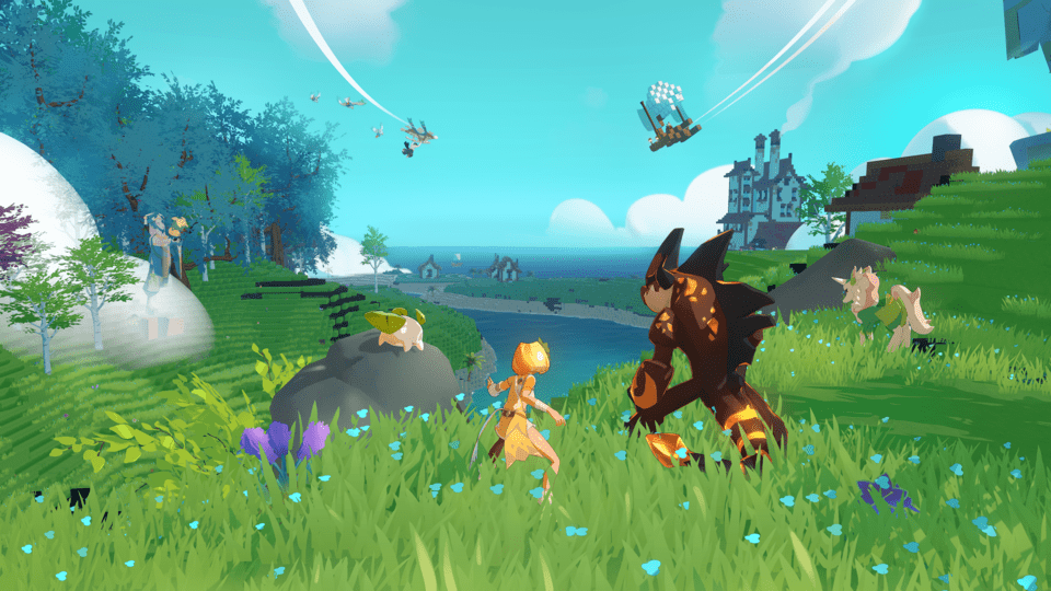 Various Tomo and player character stand on a hill overlooking a valley.