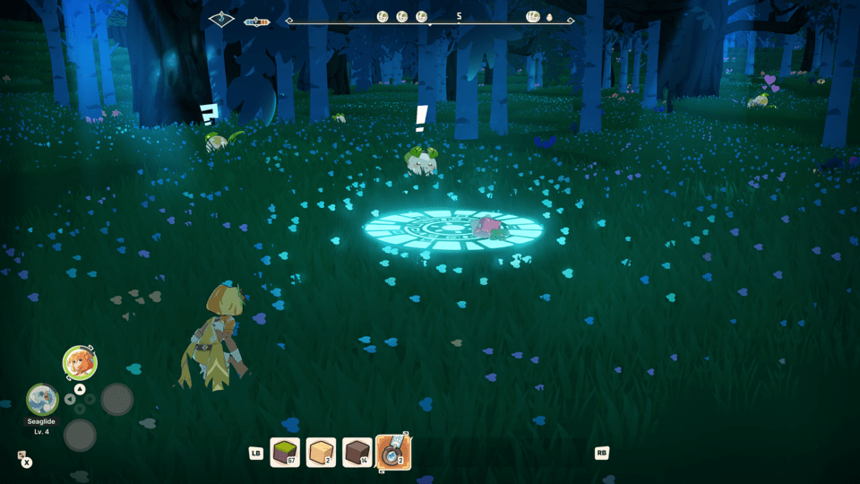 A Daiko being captured by a seal pattern glowing on the ground, baited with a fruit.