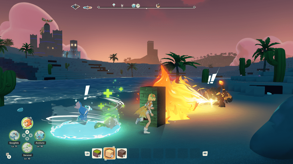 The player character builds a makeshift wall to block an attack, protecting their Tomo in the back.