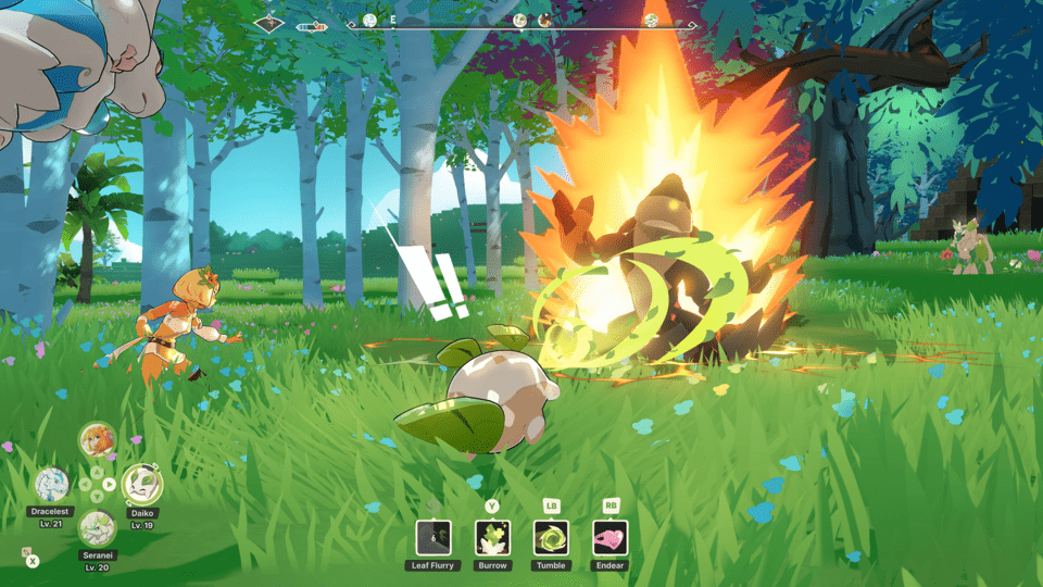A Daiko and Emberdon in combat while the player character stands to the left.