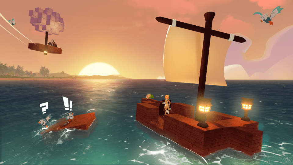 Various Tomo and player character sailing into the sunset on an airship, a makeshift raft, and a sailboat, all constructed out of voxels.