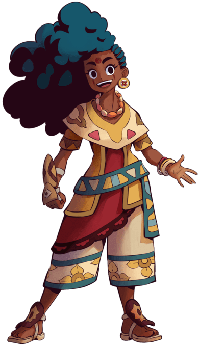 Sprite art of a dark-skinned character standing with a welcoming posture.